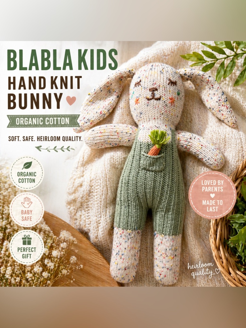 Blabla Kids Knit Bunny Plush Doll Organic Cotton Stuffed Animal Toy Baby Lovey